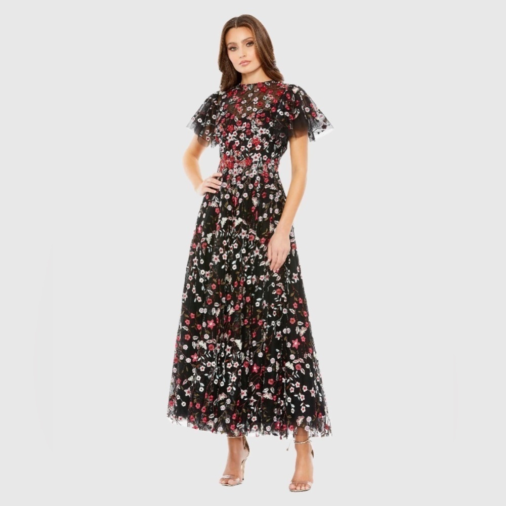 Mac Duggal 20323 NWT Black Embellished Butterfly Tea Length A Line Dress
